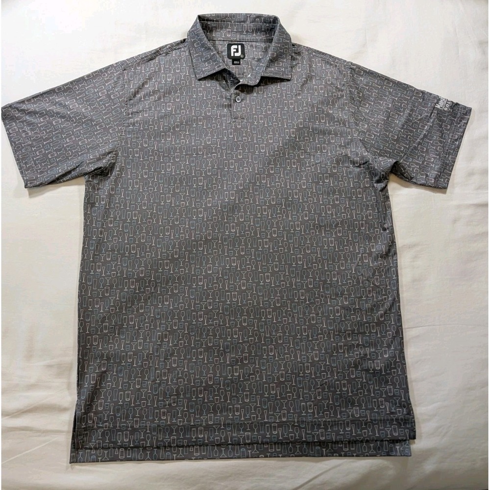 FootJoy Men L Gray Cocktail Glass Print Polo Mansfield National Golf Club S/S